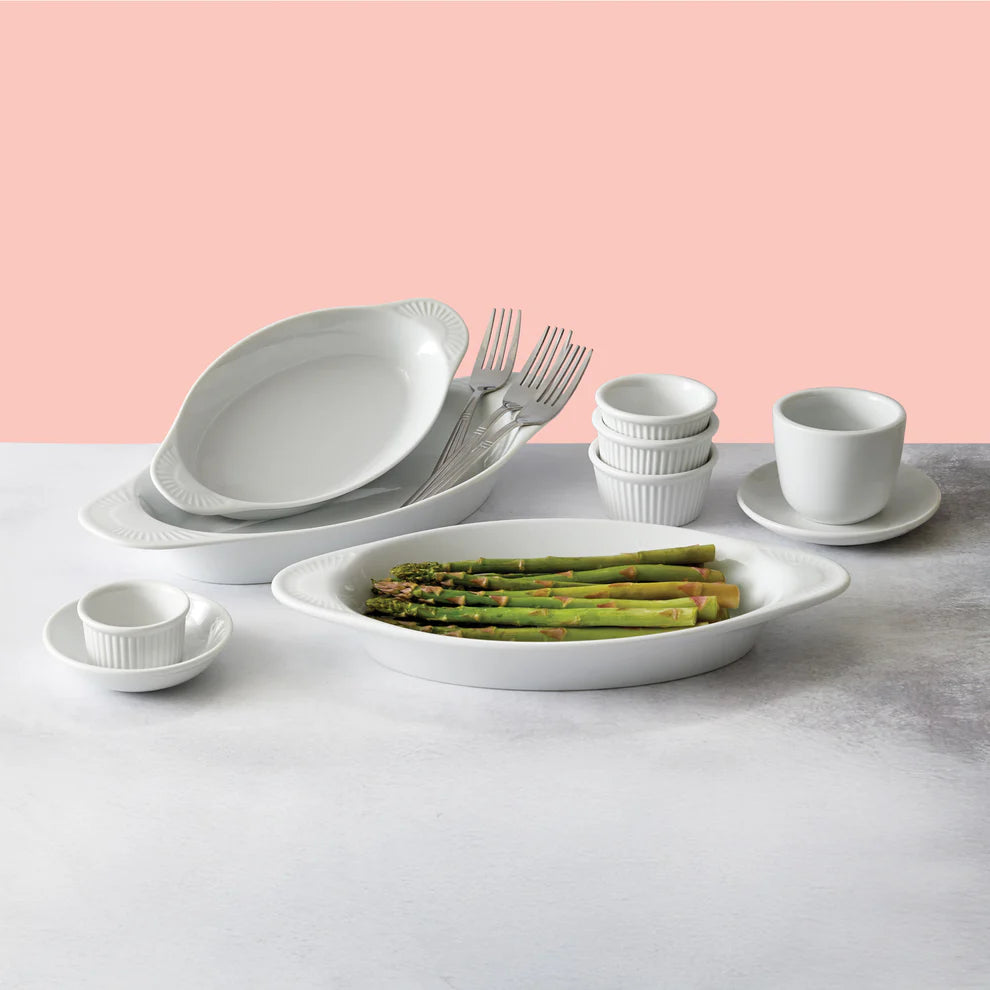 Winco WRD-12 to WRD-8, 8–25 oz, Case Packs Welsh Rarebit White Porcelain Oval Baking Dishes