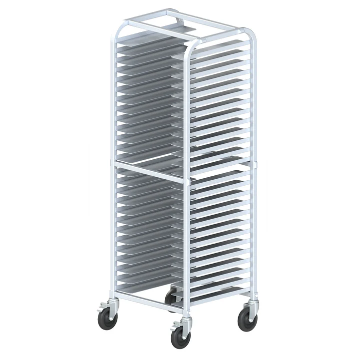 (2" Knocked Down, 2"Welded) Pizza Pan Rack 1/Pack featuring open rack design, this pizza pan rack loads from both front and back sides and there is 2" spacing between each tier. The rack also has a maximum capacity of 800 pounds and is mobile on four 5" full-swivel casters.