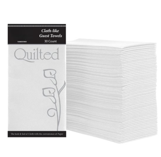 Premium white cloth-like disposable guest towel with 1/6 fold, soft and absorbent for weddings, dinners, and events. High-quality napkin alternative for an upscale table setting.
