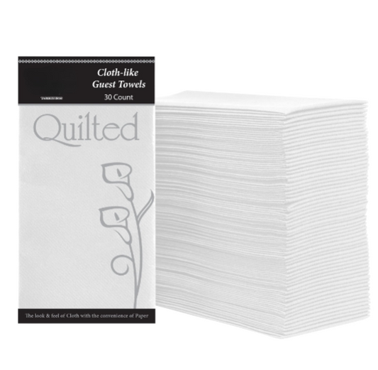 Premium white cloth-like disposable guest towel with 1/6 fold, soft and absorbent for weddings, dinners, and events. High-quality napkin alternative for an upscale table setting.