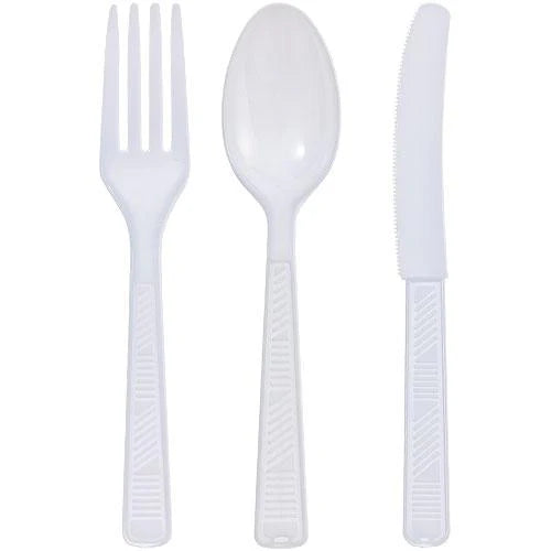 Sturdy plastic cutlery set in clear and white, including a fork, spoon, and knife. Durable, disposable, and perfect for catering, parties, takeout, picnics, and everyday use with hot or cold foods.