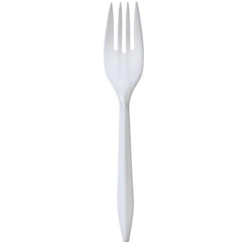 White medium-weight plastic cutlery set includes forks, knives, soup spoons, and teaspoons. Durable, disposable, and ideal for takeout, catering, and casual dining.