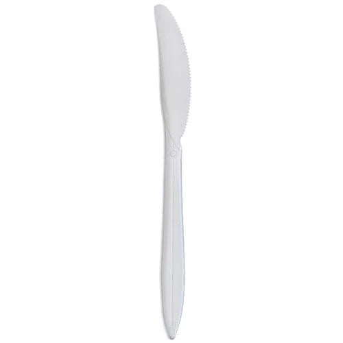 White medium-weight plastic cutlery set includes forks, knives, soup spoons, and teaspoons. Durable, disposable, and ideal for takeout, catering, and casual dining.