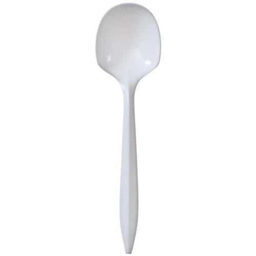 White medium-weight plastic cutlery set includes forks, knives, soup spoons, and teaspoons. Durable, disposable, and ideal for takeout, catering, and casual dining.