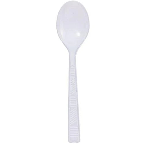 Sturdy plastic soup spoons in clear and white. Ideal for soups, stews, and desserts. Durable, disposable, and perfect for catering, parties, takeout, and everyday use with hot or cold foods.
