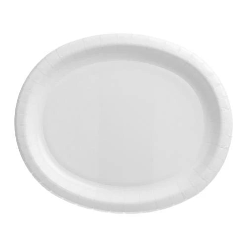 12"x10" oval paper plate in white, red, and blue, perfect for picnics, parties, BBQs, and events. Sturdy, disposable, and designed for serving hot or cold food with style and convenience.