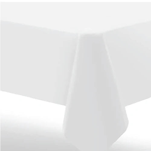 54"x108" table cover in white, red, blue, ivory, yellow, silver, lime green, hot pink, orange, black, green, gold, purple, and hunter green. Durable, disposable, and perfect for events.