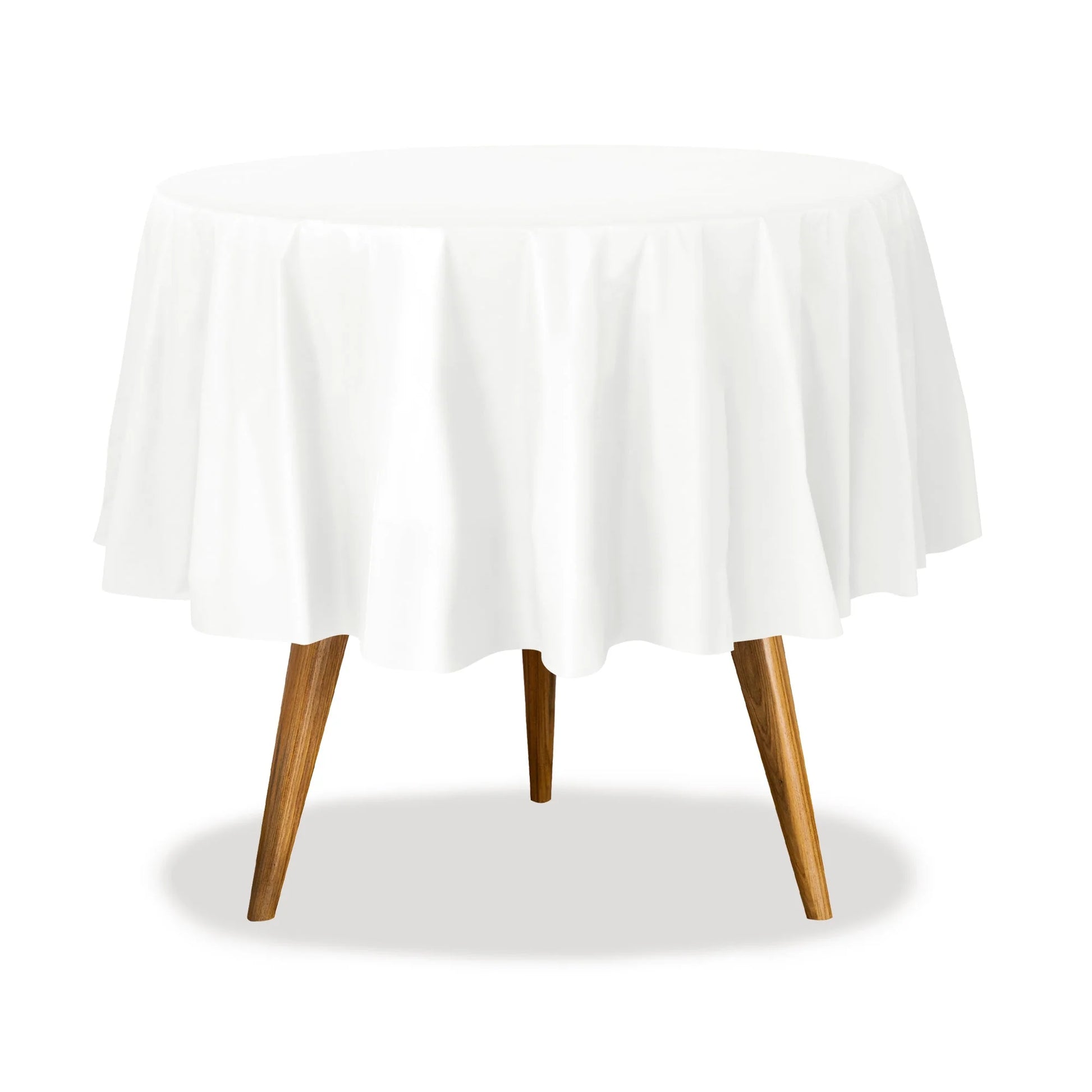 84" round table cover in white, red, blue, gold, yellow, black, silver, lime green, hot pink, orange, purple, and green. Durable, disposable, and perfect for events, parties, and catering.