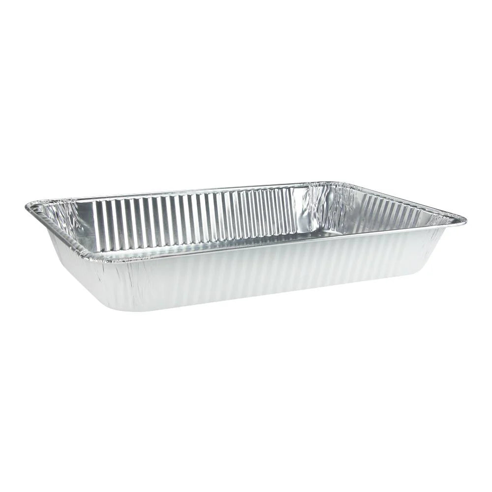 Full-size aluminum pan in red, white, black, gold, and pink. Heavy-duty, disposable, oven-safe, and durable. Great for baking, roasting, catering, and meal prep. Stylish and functional for all uses.