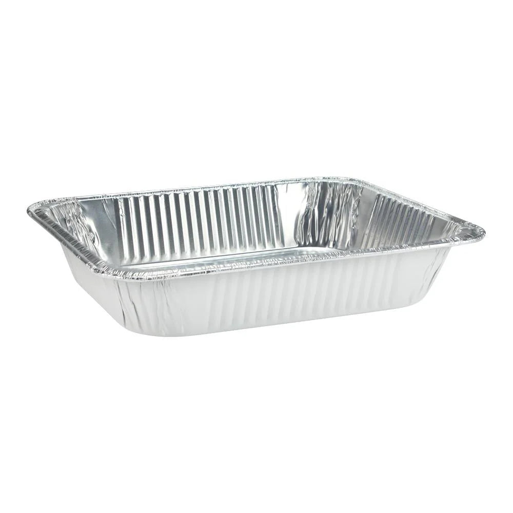 Half-size aluminum pan in red, white, black, gold, and pink. Heavy-duty, disposable, oven-safe, and durable. Perfect for baking, roasting, catering, and meal prep. Stylish and functional for all uses.