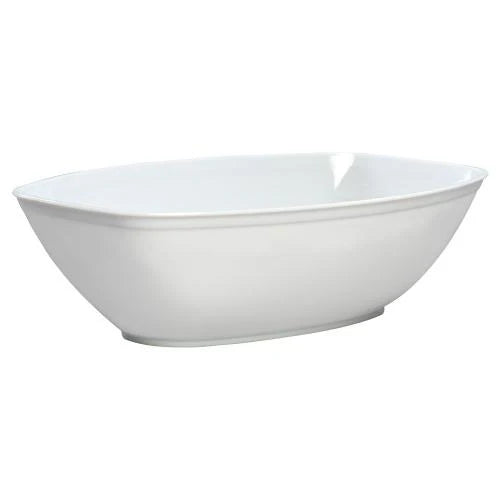 Oval Luau Bowl in Clear, White, Gold & Black. Durable plastic serving bowl for parties, luaus, and events. Ideal for serving snacks, salads, pasta, and tropical fruits. Stylish and convenient for entertaining.