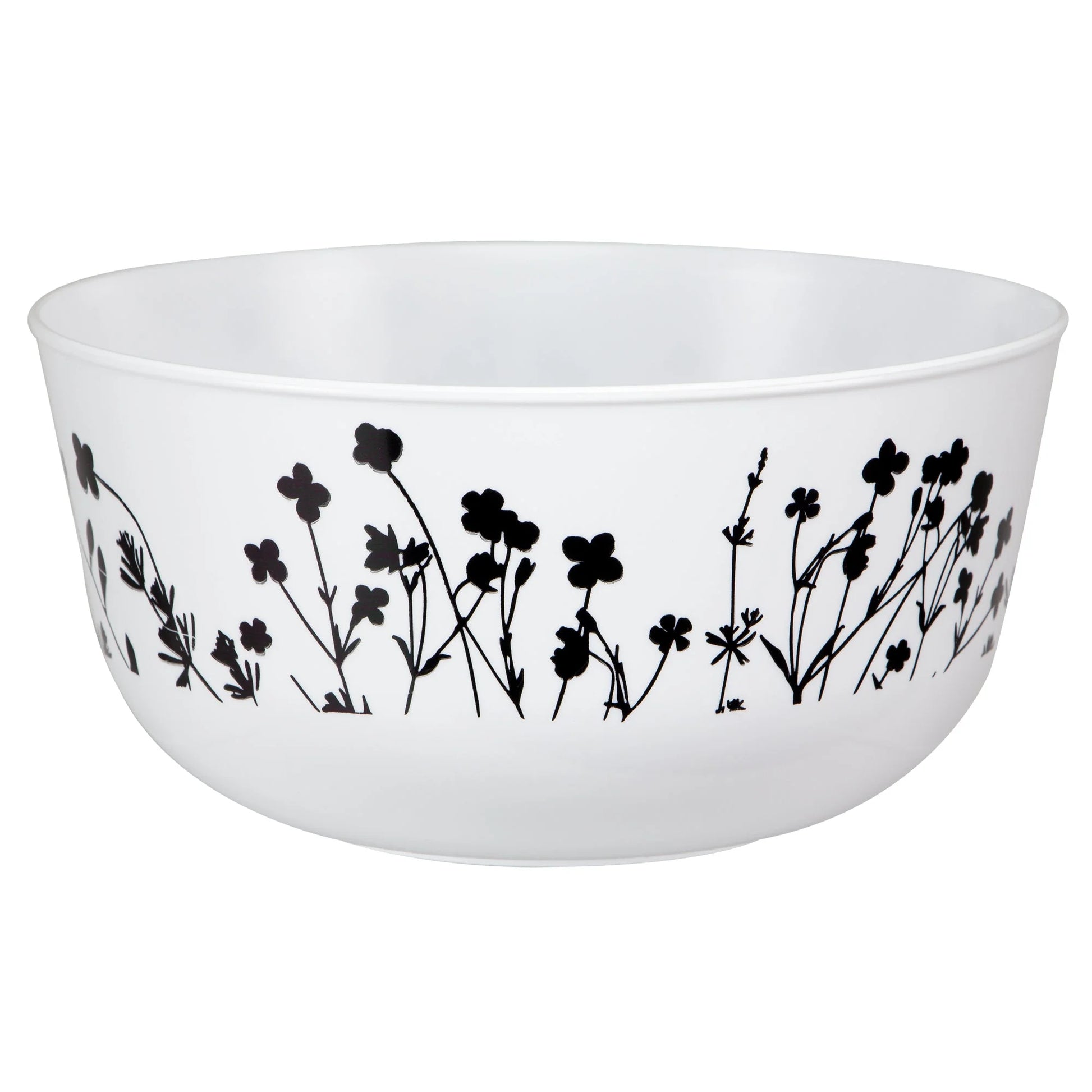 Wildflower 24oz Black on White Bowl featuring a bold floral design, ideal for serving soups, salads, and sides at elegant weddings, parties, or events