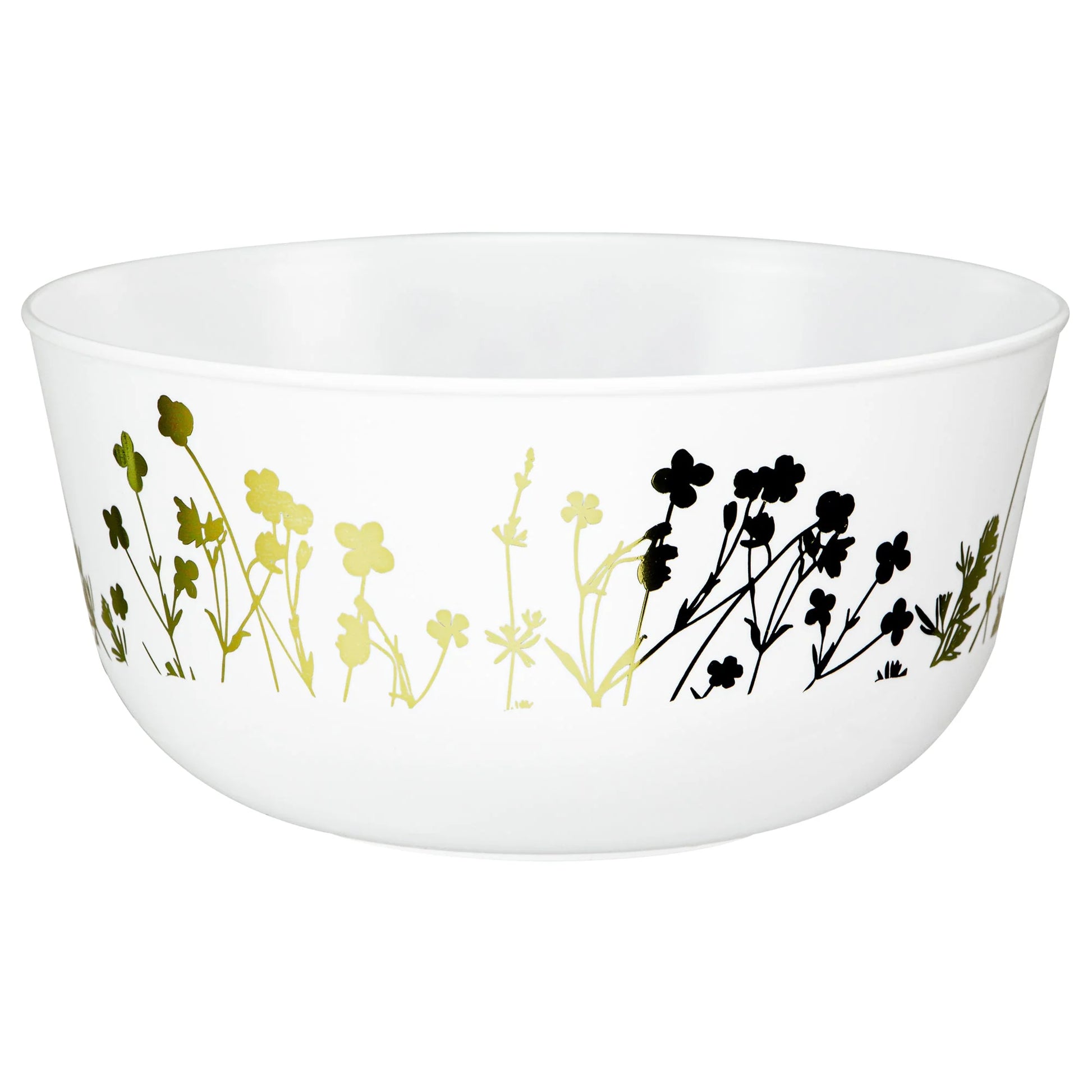 Wildflower 24oz Gold on White Bowl with elegant floral design and gold accents, ideal for serving salads, soups, or desserts at weddings and events