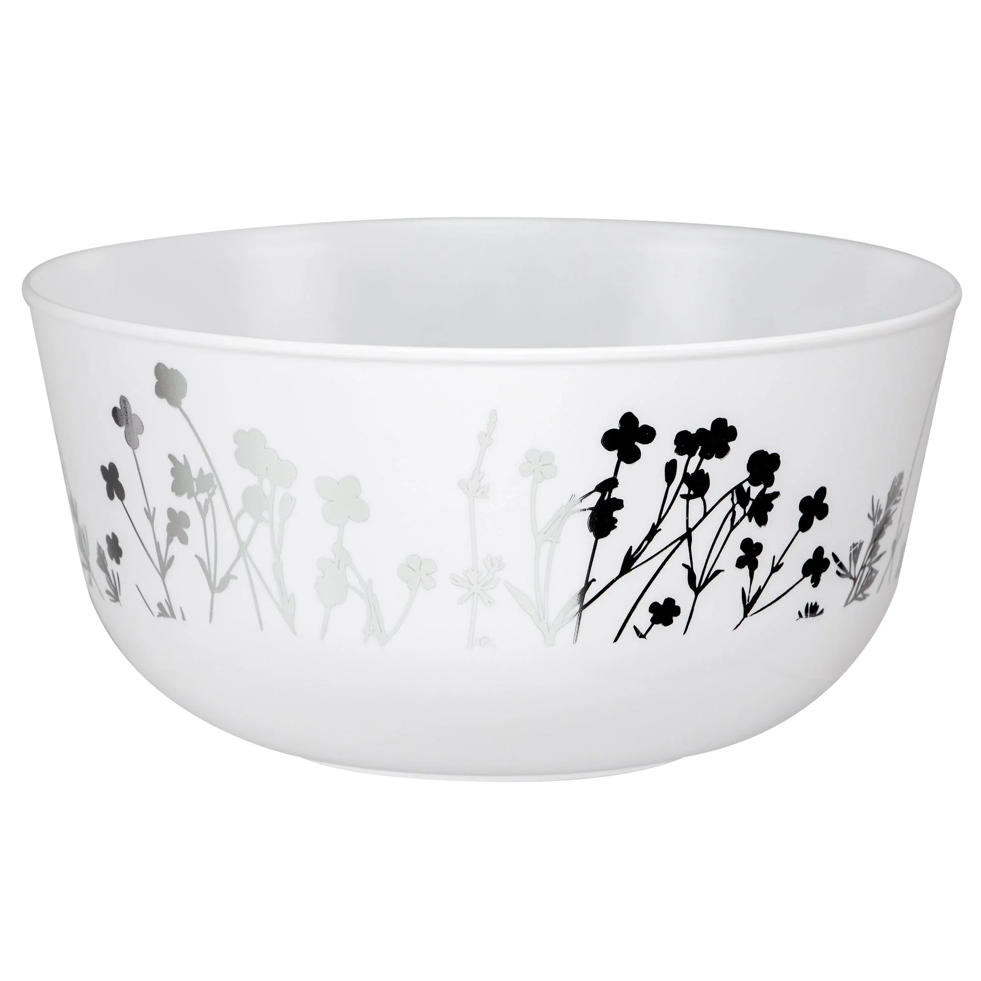 Wildflower 24oz Silver on White Bowl, floral silver accents on a white background, perfect for serving salads, soups, and desserts at events, parties, and gatherings