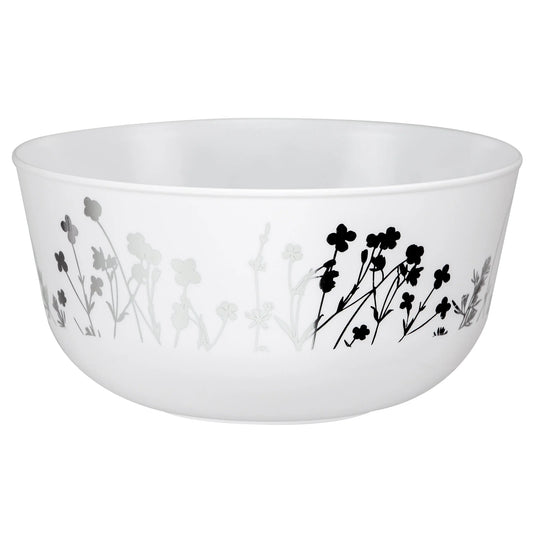 Wildflower 24oz Silver on White Bowl, floral silver accents on a white background, perfect for serving salads, soups, and desserts at events, parties, and gatherings