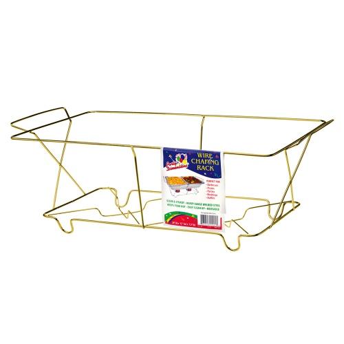 Black and gold wire chafing rack for catering, buffets, and events. Stylish, durable, and perfect for securely holding chafing dishes while keeping food warm and presentable.