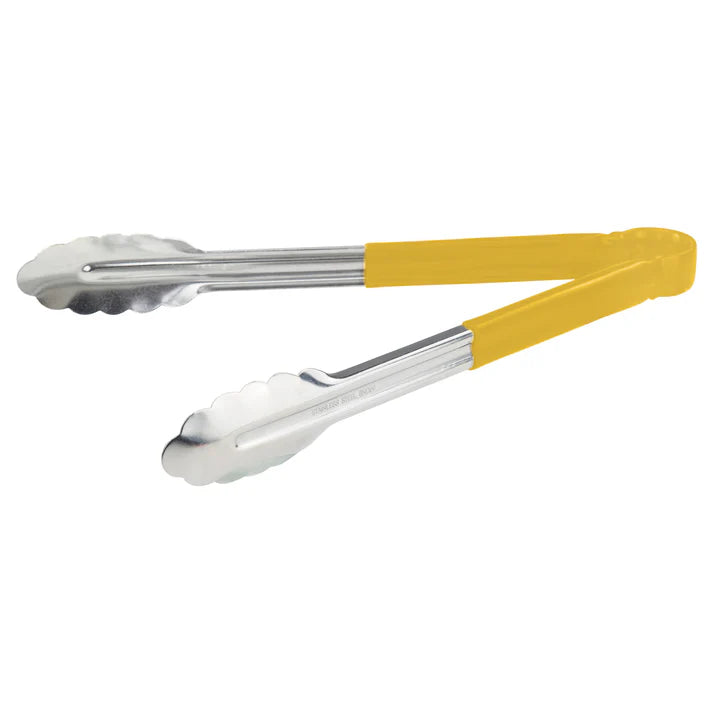 (Blue, Green, Black, Red, Yellow - 12", 16", 9") Utility Tong 12/Pack color-coded handles on these utility tongs are designed to help you develop your own color-coded program to promote safety and reduce the risk of cross-contamination. Long heavy-duty stainless steel utility tongs from Winco that feature a heavy-duty plastic handle. These tongs are designed especially for cold food service and they have scalloped edges.