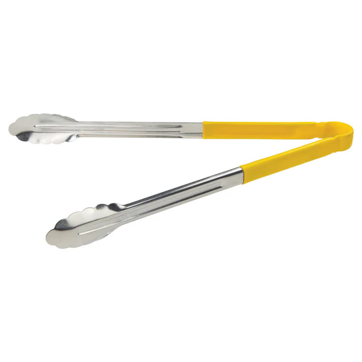 (Blue, Green, Black, Red, Yellow - 12", 16", 9") Utility Tong 12/Pack color-coded handles on these utility tongs are designed to help you develop your own color-coded program to promote safety and reduce the risk of cross-contamination. Long heavy-duty stainless steel utility tongs from Winco that feature a heavy-duty plastic handle. These tongs are designed especially for cold food service and they have scalloped edges.