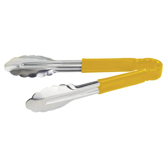 (Blue, Green, Black, Red, Yellow - 12", 16", 9") Utility Tong 12/Pack color-coded handles on these utility tongs are designed to help you develop your own color-coded program to promote safety and reduce the risk of cross-contamination. Long heavy-duty stainless steel utility tongs from Winco that feature a heavy-duty plastic handle. These tongs are designed especially for cold food service and they have scalloped edges.