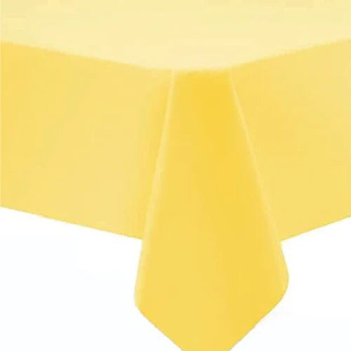 54"x108" table cover in white, red, blue, ivory, yellow, silver, lime green, hot pink, orange, black, green, gold, purple, and hunter green. Durable, disposable, and perfect for events.