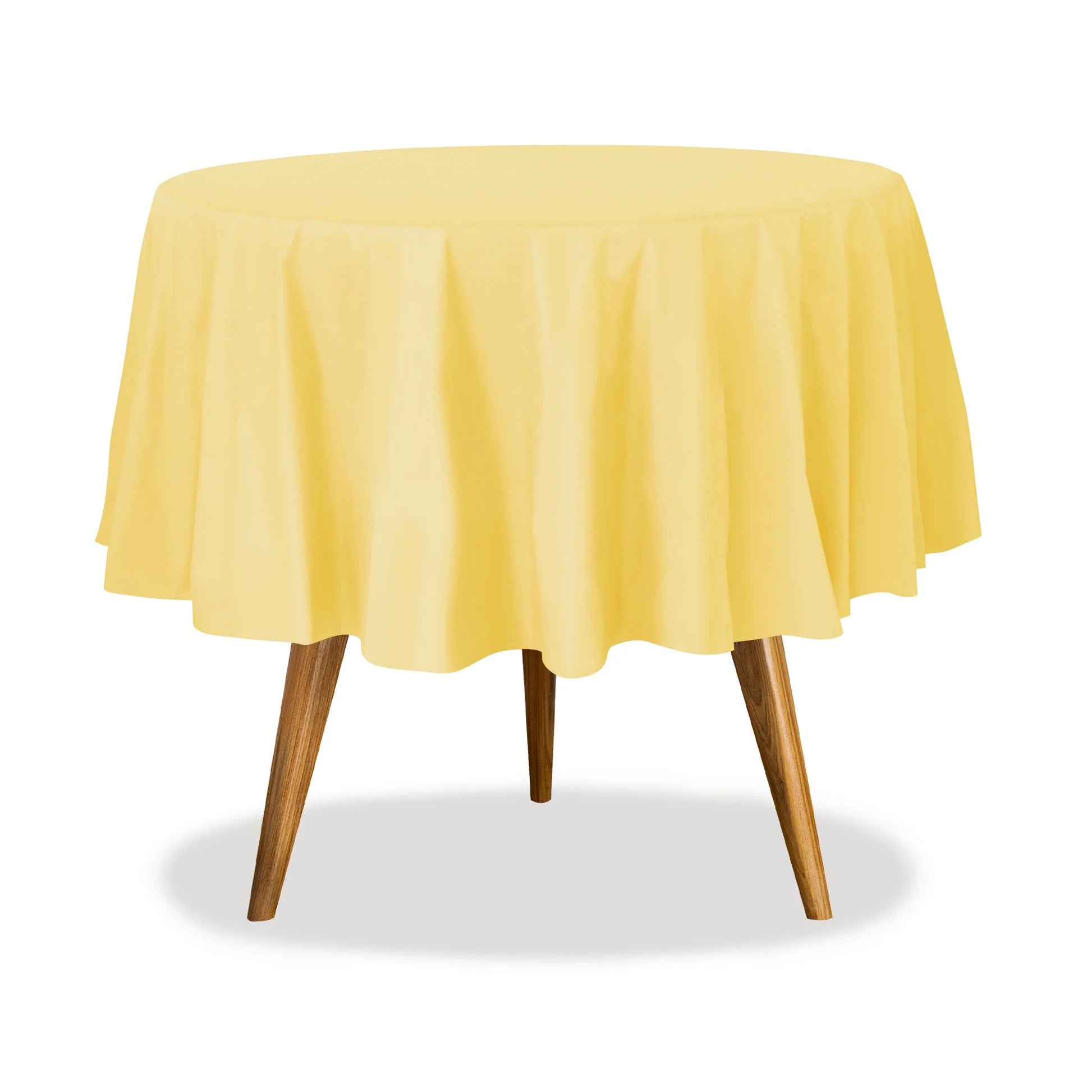 84" round table cover in white, red, blue, gold, yellow, black, silver, lime green, hot pink, orange, purple, and green. Durable, disposable, and perfect for events, parties, and catering.