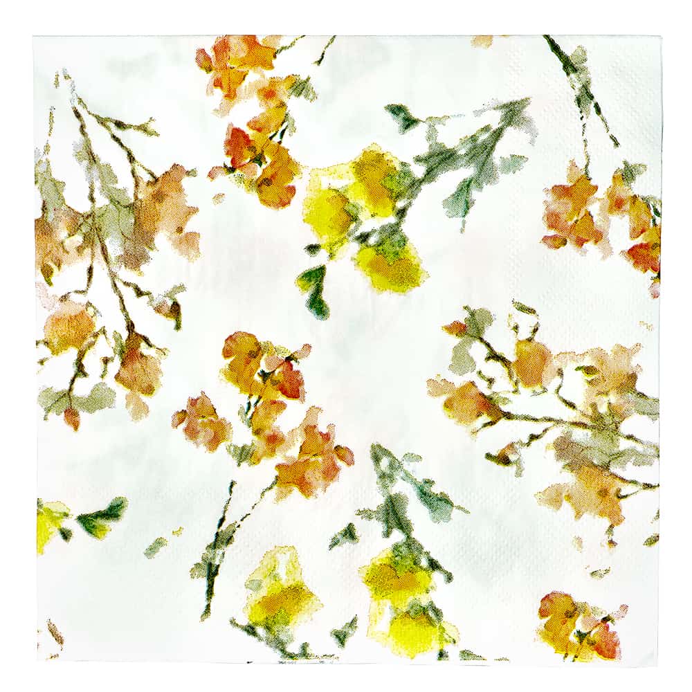 Elegant Blossoms Lunch Napkins with a vibrant floral design in blue, pink, and yellow. Perfect for parties, weddings, and events. High-quality, absorbent, and disposable for easy cleanup.