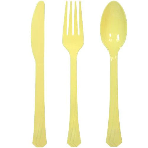Plastic cutlery combo set with forks, knives, and spoons in Clear, Pearl, Yellow, Pink, Hydrangea, Light Blue, Silver, Gold, Island Blue, Red, Orange, Blue, Black, Hot Pink & Lime Green.