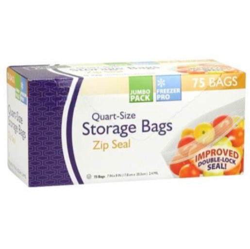 Quart-size zip seal storage bags, BPA-free plastic bags, airtight food storage, durable leakproof bags, meal prep storage, snack bags, resealable storage bags, food-safe plastic bags.