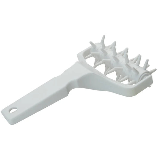 Dough Roller Docker 12/Pack designed with a plastic barrel with 6 independently spinning wheels that easily perforate even the largest sheet of pizza, pie, or tart dough. Ideal for piercing dough to prevent bubbles from forming during baking. Made from high quality materials, this dough docker is durable enough to resist breaking and will retain its shape even after years of use.