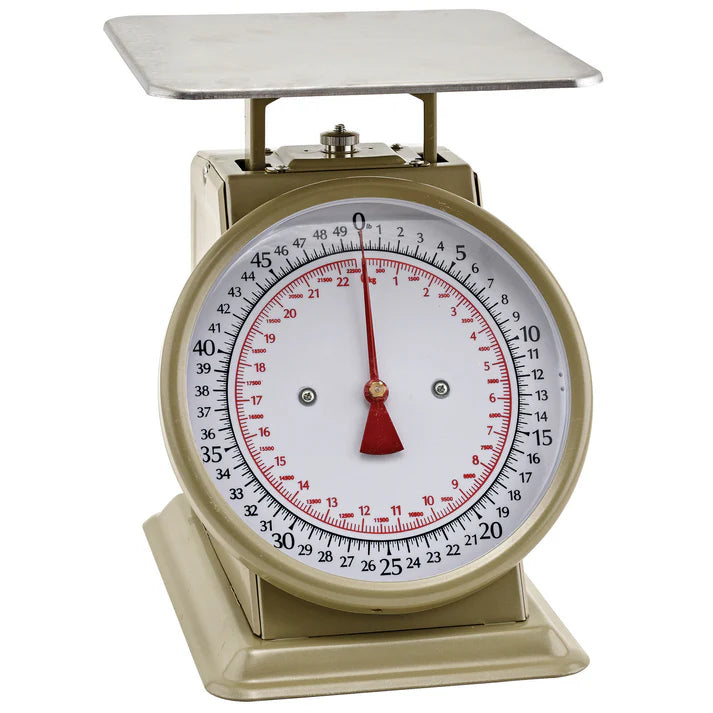 Kitchen Scale 2/Pack offers a 50 pound capacity making it ideal for portion control and measurement of meat, sides, ingredients and more. The easy-to-read analog dial is clearly marked in both ounces and grams. This 50 pound food scale features graduation markings in increments of 1/8 oz (500g). Made from heavy-duty stainless steel, this commercial food scale is designed to withstand daily use in restaurants, grocery stores and more.