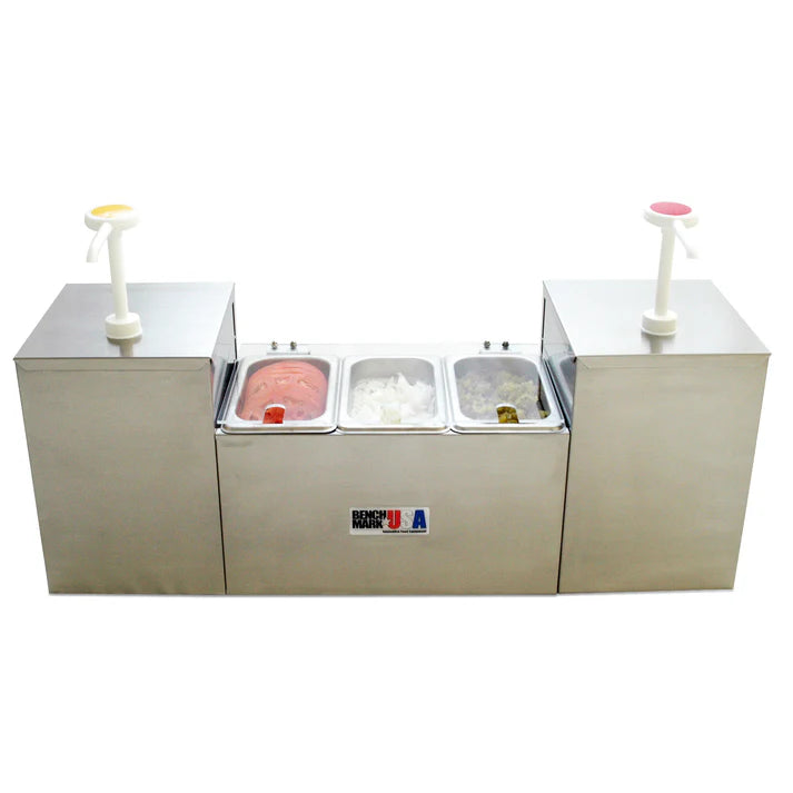 Benchmark Food Warmer 1/Pack with two pumps for more options, and these pumps are color coded. These pumps will accept #10 size cans, 1.5 gallon, or 3 qt. stainless steel jars. This unit also has three 4" deep 1/9-size pans that come included. There are two cold packs that also come included to keep your 3 pans cold, and the inset well is insulated. The 52001 has clear hinged lids that have a cutout for spoons and ladles, and those lids can stay opens as you are re-stocking them when product runs low.
