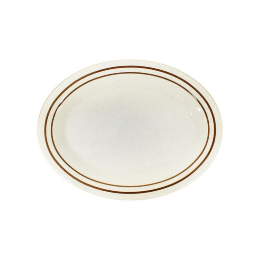 Thunder Group Platter 12/Pcs is perfect for serving various appetizers and snacks. This stone-colored plate with brown border will bring some friendly ambiance to your food presentation. Manufactured from a durable plastic material this dinnerware is extremely popular for its nearly unbreakable structure. However, with heat resistance of up to 212° F or 100° C, melamine is not suitable for cooking and warming foods in a microwave or oven. It is dishwasher safe. 
