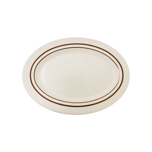 Thunder Group Platter 6/Pcs is perfect for serving various appetizers and snacks. This stone-colored plate with brown border will bring some friendly ambiance to your food presentation. Manufactured from a durable plastic material this dinnerware is extremely popular for its nearly unbreakable structure. However, with heat resistance of up to 212° F or 100° C, melamine is not suitable for cooking and warming foods in a microwave or oven. It is dishwasher safe. 