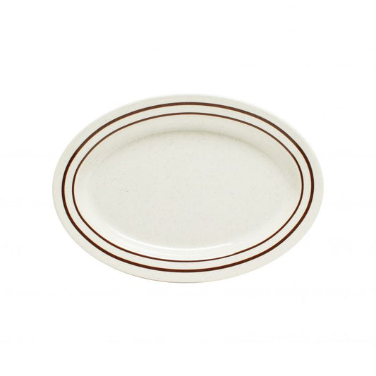 Thunder Group Platter 12/Pcs is perfect for serving various appetizers and snacks. This stone-colored plate with brown border will bring some friendly ambiance to your food presentation. Manufactured from a durable plastic material this dinnerware is extremely popular for its nearly unbreakable structure. However, with heat resistance of up to 212° F or 100° C, melamine is not suitable for cooking and warming foods in a microwave or oven. It is dishwasher safe. 