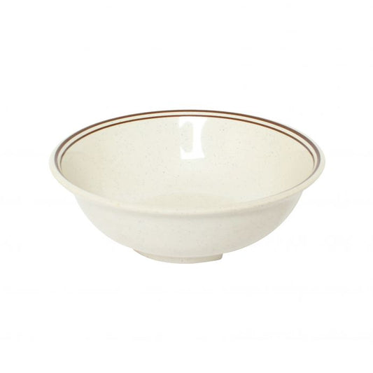 Thunder Group Rim Soup Bowl 12/Pcs is perfect for serving miso soup, soba, ramen, kimchi and other Asian dishes. This stone-colored bowl with brown border will bring some friendly ambiance to your food presentation. Manufactured from a durable plastic material this dinnerware is extremely popular for its nearly unbreakable structure. However, with heat resistance of up to 212° F or 100° C, melamine is not suitable for cooking and warming foods in a microwave or oven. It is dishwasher safe.
