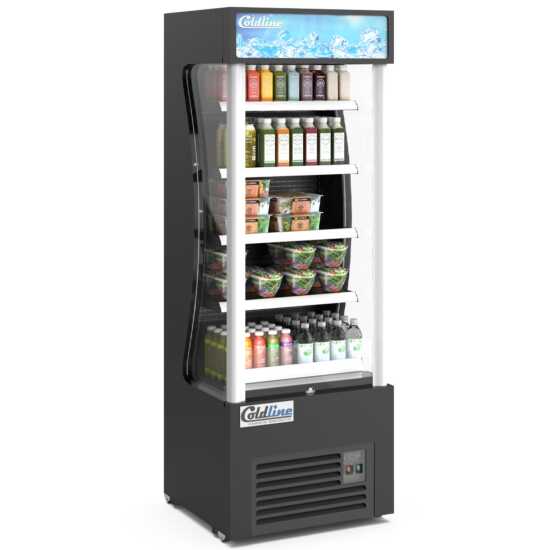 The Coldline AOC-28-B 28" black open air refrigerated display merchandiser features a compact design with an air curtain for efficient cooling, adjustable shelves, and sleek black finish for showcasing chilled products.