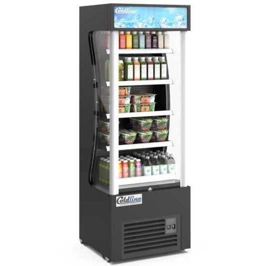 The Coldline AOC-28-B 28" black open air refrigerated display merchandiser features a compact design with an air curtain for efficient cooling, adjustable shelves, and sleek black finish for showcasing chilled products.