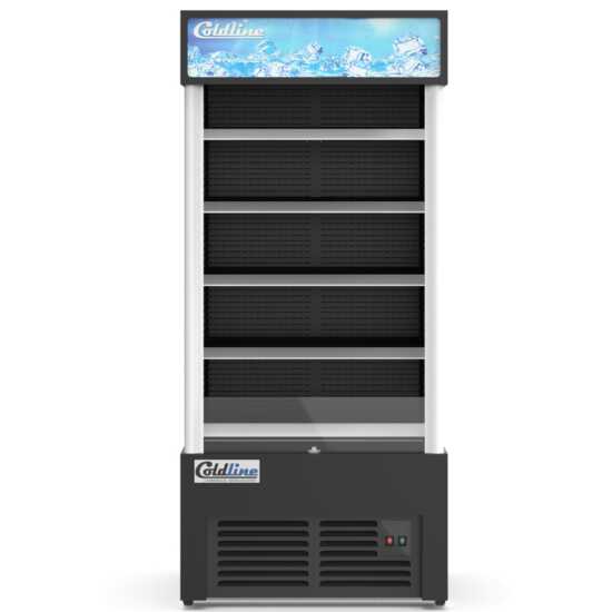 The Coldline AOC-36-B 36" black open air refrigerated display merchandiser features a sleek black design, efficient air curtain cooling, and adjustable shelves for optimal presentation of chilled products.