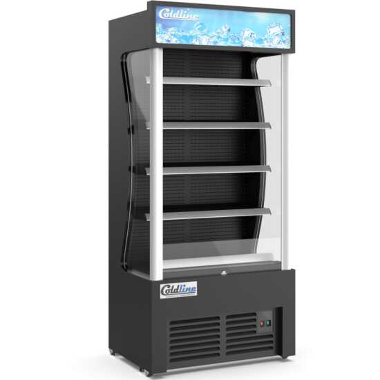 The Coldline AOC-36-B 36" black open air refrigerated display merchandiser features a sleek black design, efficient air curtain cooling, and adjustable shelves for optimal presentation of chilled products.