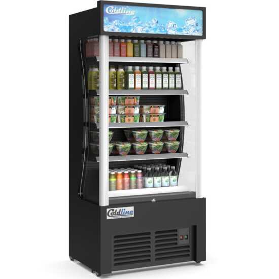 The Coldline AOC-36-B 36" black open air refrigerated display merchandiser features a sleek black design, efficient air curtain cooling, and adjustable shelves for optimal presentation of chilled products.