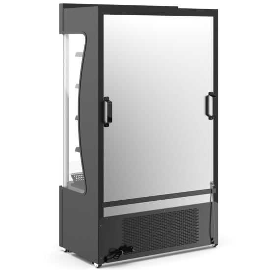 Coldline AOC-46-B 46-inch Black Open Air Refrigerated Display Merchandiser. Features a sleek black design, open front for grab-and-go convenience, energy-efficient LED lighting, and adjustable shelving. Perfect for displaying beverages and perishables in retail