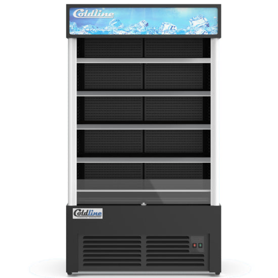 Coldline AOC-46-B 46-inch Black Open Air Refrigerated Display Merchandiser. Features a sleek black design, open front for grab-and-go convenience, energy-efficient LED lighting, and adjustable shelving. Perfect for displaying beverages and perishables in retail