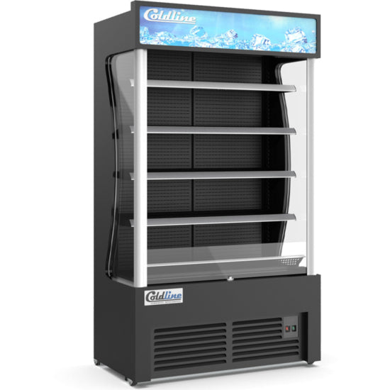 Coldline AOC-46-B 46-inch Black Open Air Refrigerated Display Merchandiser. Features a sleek black design, open front for grab-and-go convenience, energy-efficient LED lighting, and adjustable shelving. Perfect for displaying beverages and perishables in retail