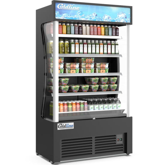 Coldline AOC-46-B 46-inch Black Open Air Refrigerated Display Merchandiser. Features a sleek black design, open front for grab-and-go convenience, energy-efficient LED lighting, and adjustable shelving. Perfect for displaying beverages and perishables in retail