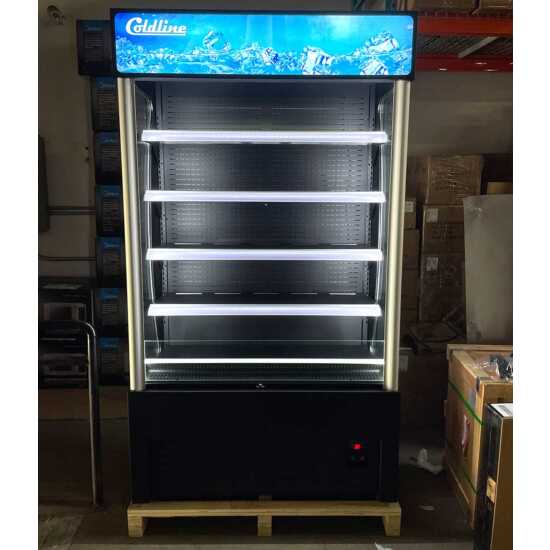 The Coldline AOC-36-B 36" black open air refrigerated display merchandiser features a sleek black design, efficient air curtain cooling, and adjustable shelves for optimal presentation of chilled products.