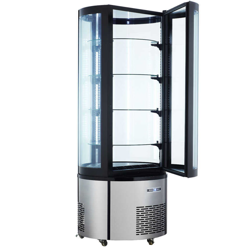 Marchia MVSR400 Refrigerated Curved Glass Cake Display Case. Features a spacious design with curved glass for elegant, efficient showcasing and cooling of cakes and desserts.
