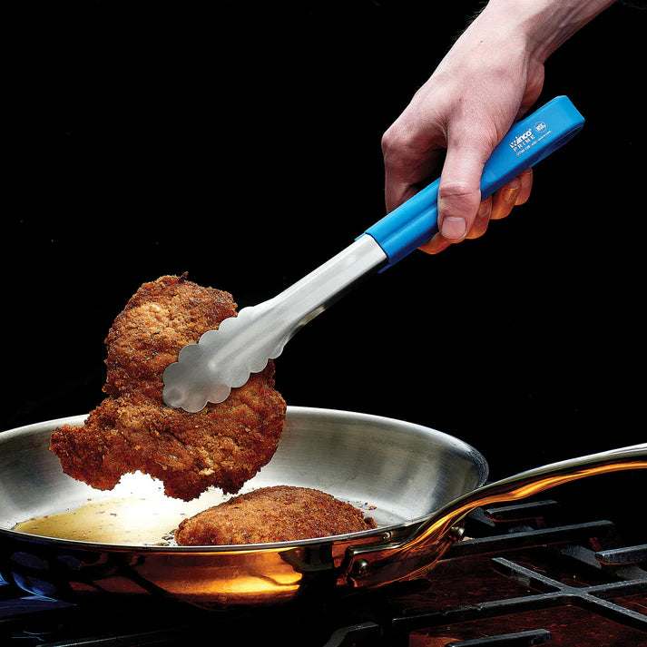  (Blue 12", Black 12", Red 12", Blue 9-1/2", Black 9-1/2", Red 9-1/2") Utility Tong resist rust and corrosion even after frequent use in commercial kitchens. Ideal for flipping pan-fried chicken or pulling pork tenderloins from baking racks, this kitchen utensil’s thin scalloped tips increase grip on hot or cold food items. Its silicone handle protects users’ hands from burns and provides insulation when placed or used in cold temperatures. 