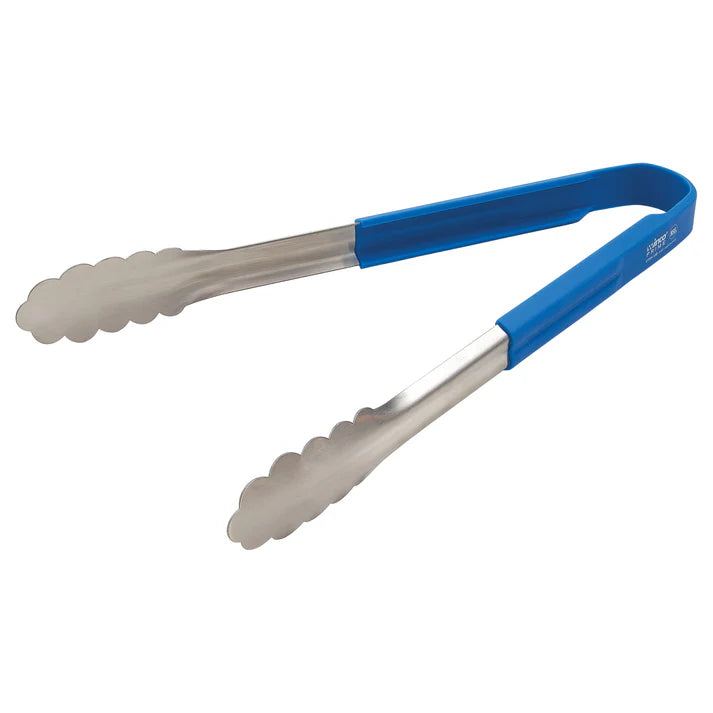  (Blue 12", Black 12", Red 12", Blue 9-1/2", Black 9-1/2", Red 9-1/2") Utility Tong resist rust and corrosion even after frequent use in commercial kitchens. Ideal for flipping pan-fried chicken or pulling pork tenderloins from baking racks, this kitchen utensil’s thin scalloped tips increase grip on hot or cold food items. Its silicone handle protects users’ hands from burns and provides insulation when placed or used in cold temperatures. 