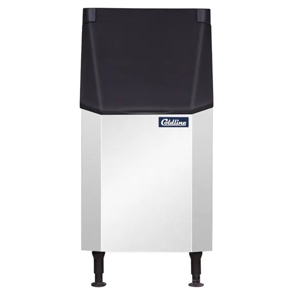 Commercial stainless steel 22-inch ice storage bin (Coldline B305-22) with lift-up front door, insulated interior, and adjustable legs, designed to hold up to 305 pounds of ice beneath a modular ice machine.