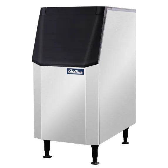 Commercial stainless steel 22-inch ice storage bin (Coldline B305-22) with lift-up front door, insulated interior, and adjustable legs, designed to hold up to 305 pounds of ice beneath a modular ice machine.